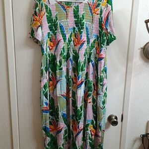 Green and Pink Tropical Print Sundress Maxi